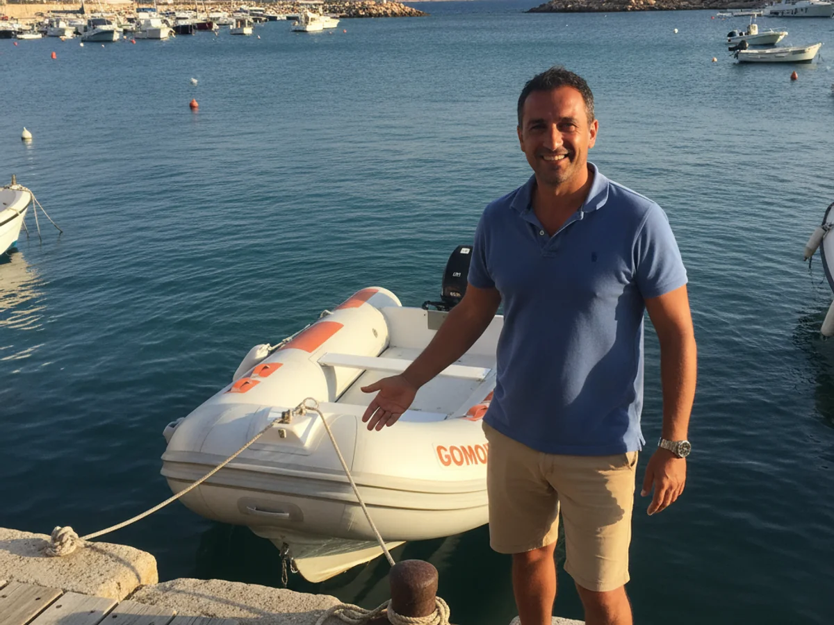 Skipper di Palau Noleggio Gommoni al molo con un gommone pronto a salpare